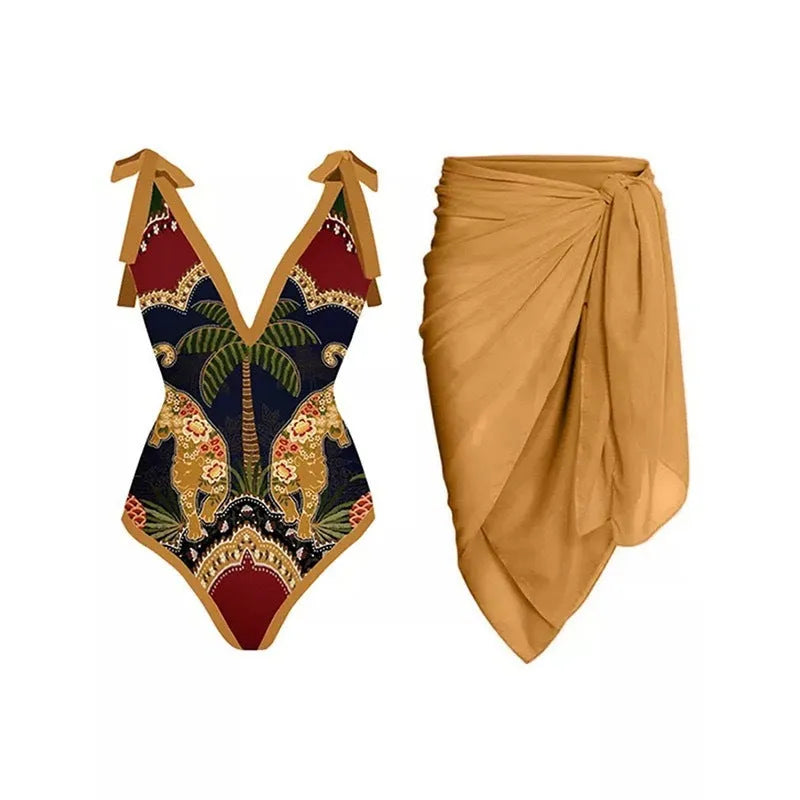 Women's solid colour spaghetti strap one-piece swimsuit with a matching skirt