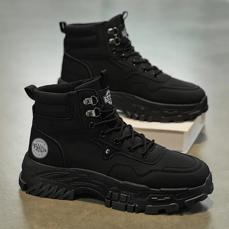 Men's black Martin boots with artificial PU upper and injection moulded sole, high-top design