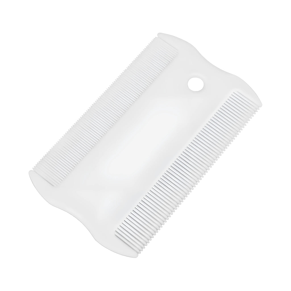 Double-sided plastic flea comb for pets showing dense teeth and 5cm length measurement