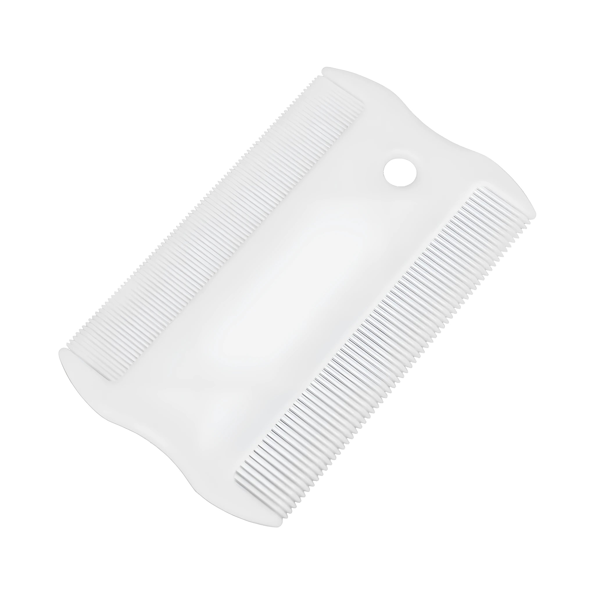 Double-sided plastic flea comb for pets showing dense teeth and 5cm length measurement