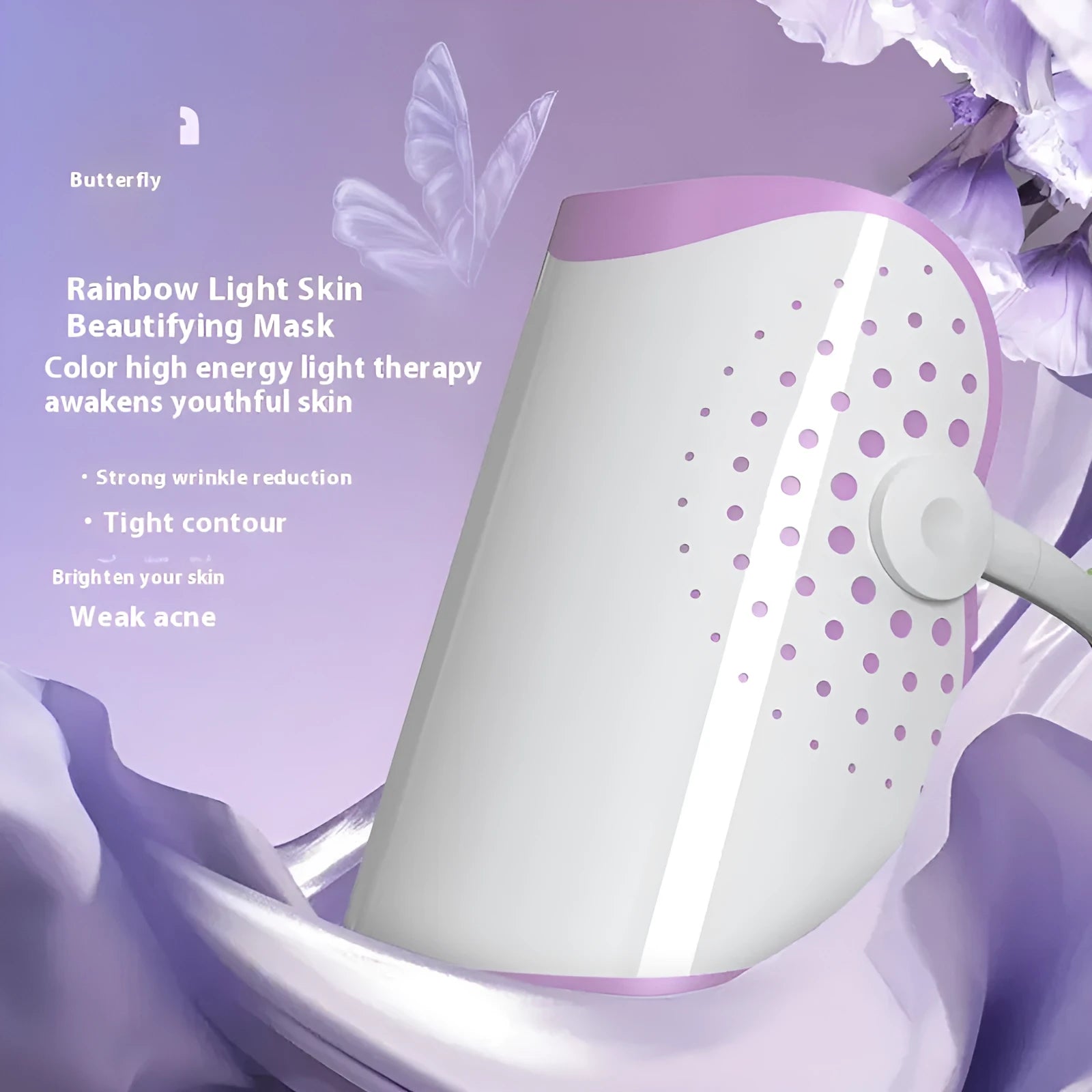 White and purple photon IPL beauty mask device with plug-in cable for home facial light treatments.