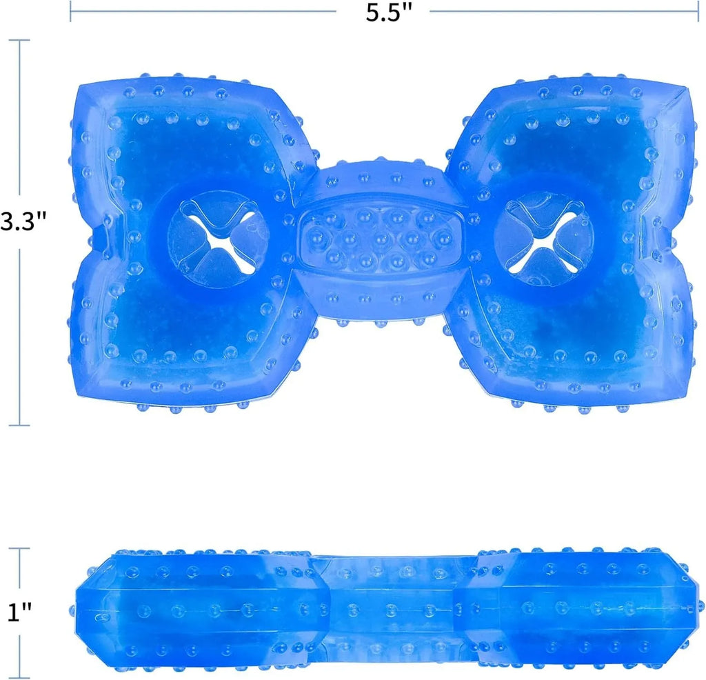 Freezable non-toxic dog chew toy in bone and circle shapes for teething and cooling.