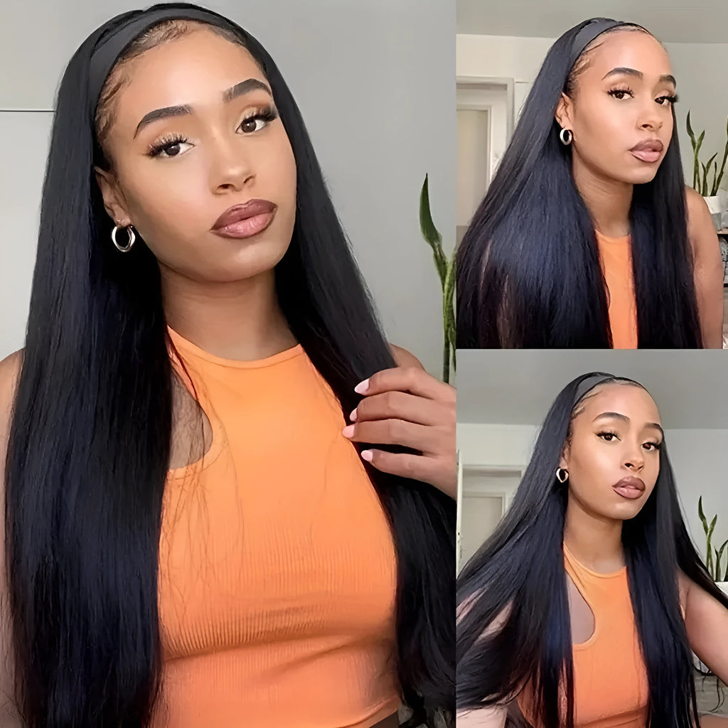 Headband wig with synthetic hair in straight, curly, and wine red colour options