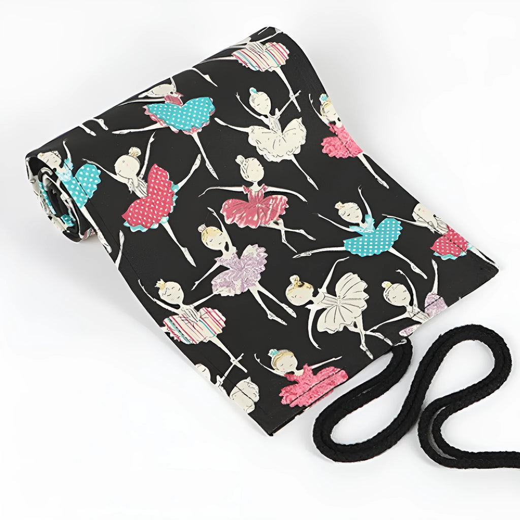 Canvas rolling pencil case with ballet girl print, shown open to display multiple pencil holes.