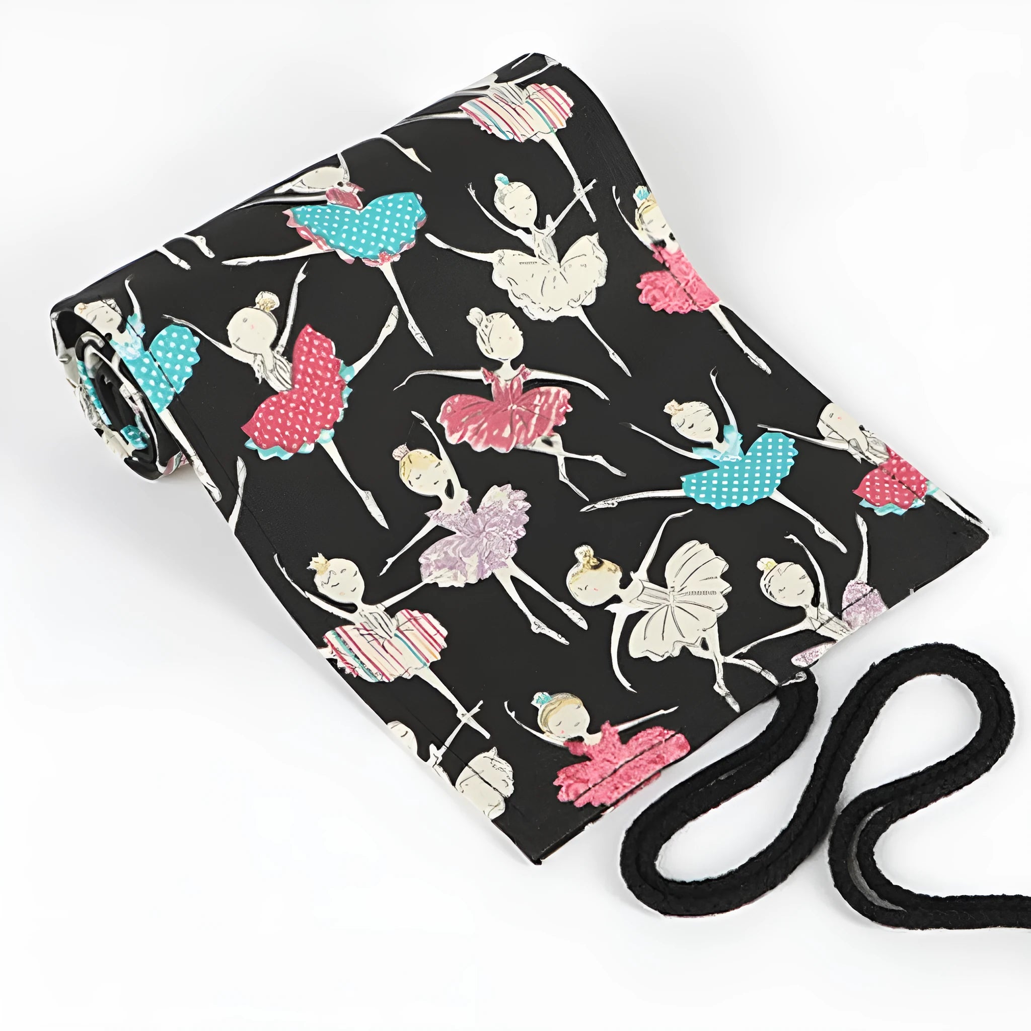 Canvas rolling pencil case with ballet girl print, shown open to display multiple pencil holes.