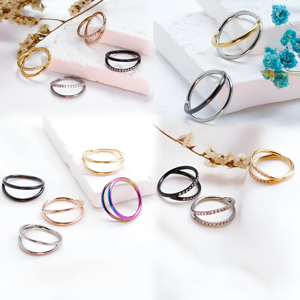Titanium alloy L-shaped fork nose ring in silver, gold, black, rose gold and colourful finishes on a white background.