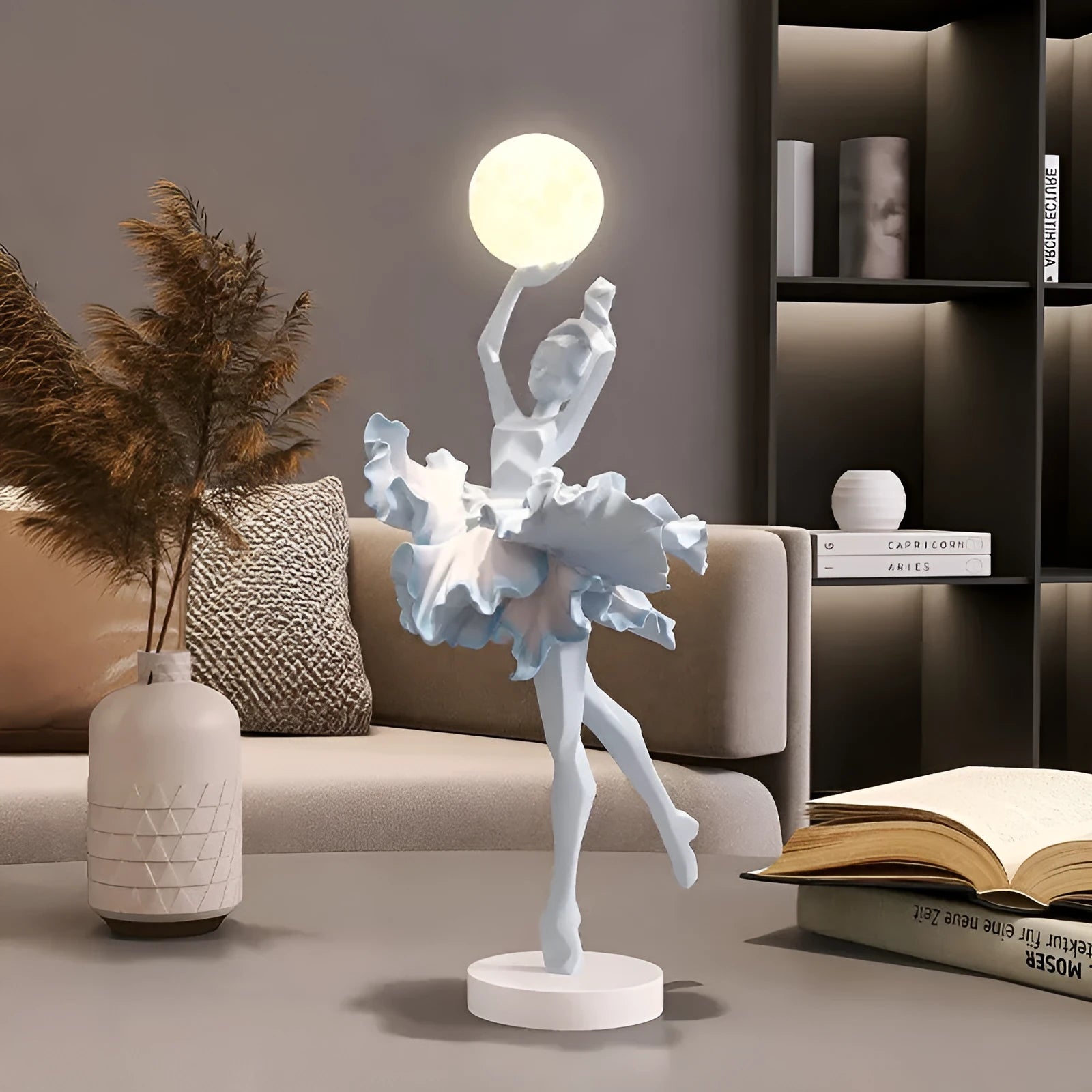 Art Girl modern USB night lamp in black gold, white, pink, or light blue resin finish.
