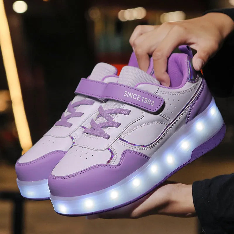 Kids charging flash rollerskates with LED lights in pink black white purple sizes 29-40