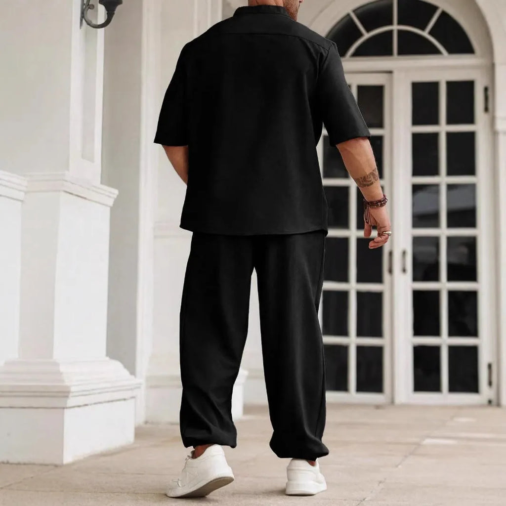 Men's casual cotton linen short-sleeved shirt and trousers set in apricot colour