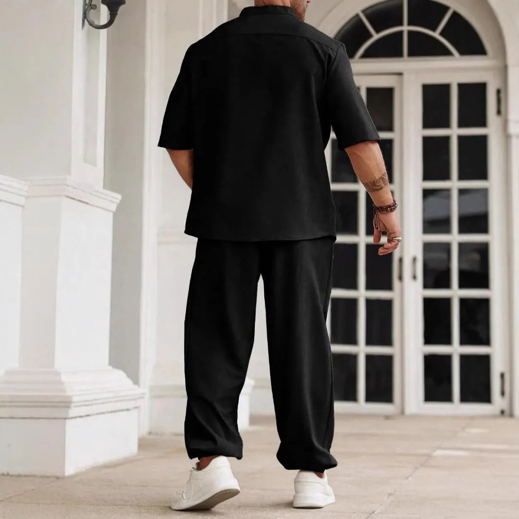 Men's casual cotton linen short-sleeved shirt and trousers set in apricot colour