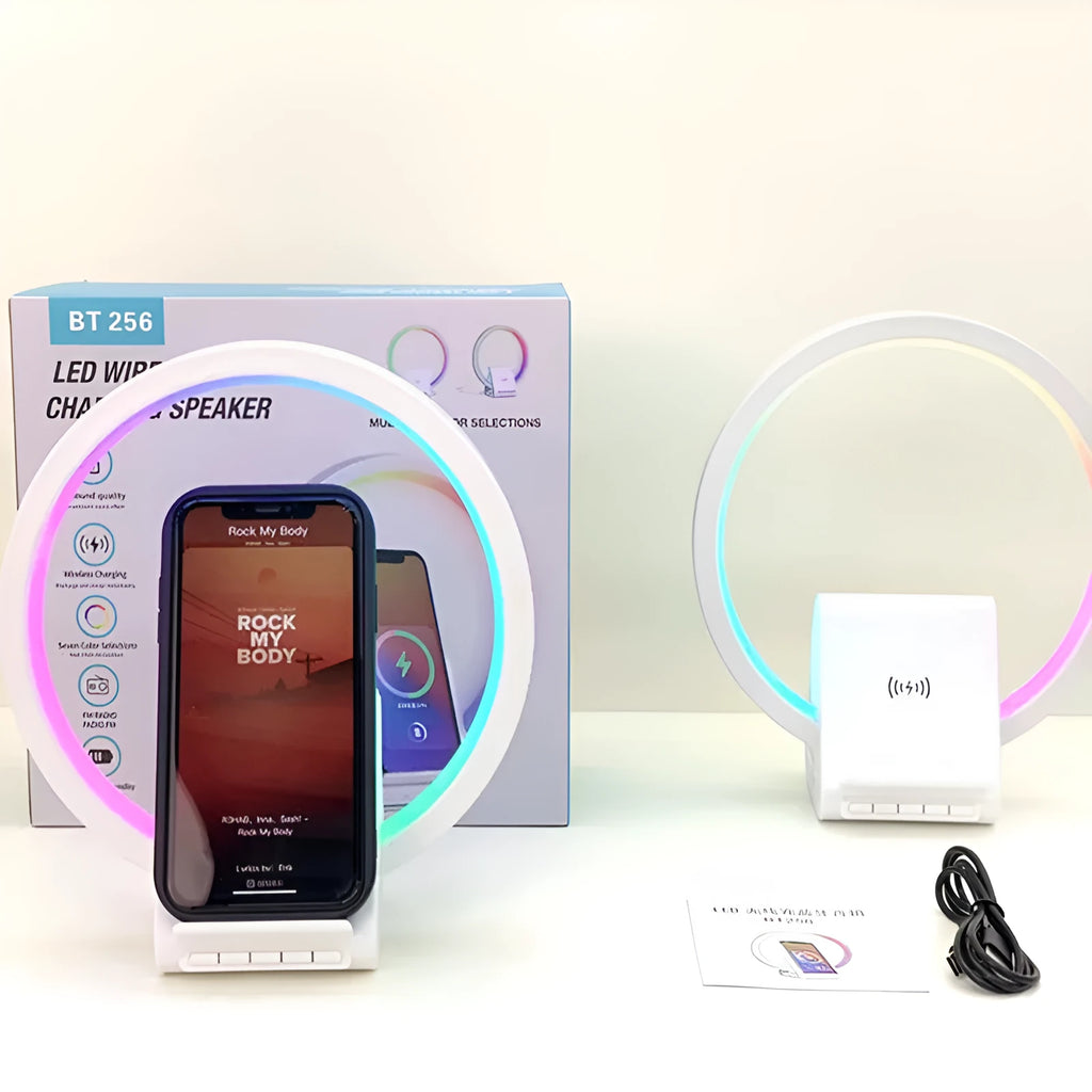 White circular Bluetooth speaker with wireless charging surface measuring 225mm diameter