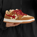 Brown women's platform sneakers with sequins and lace-up closure