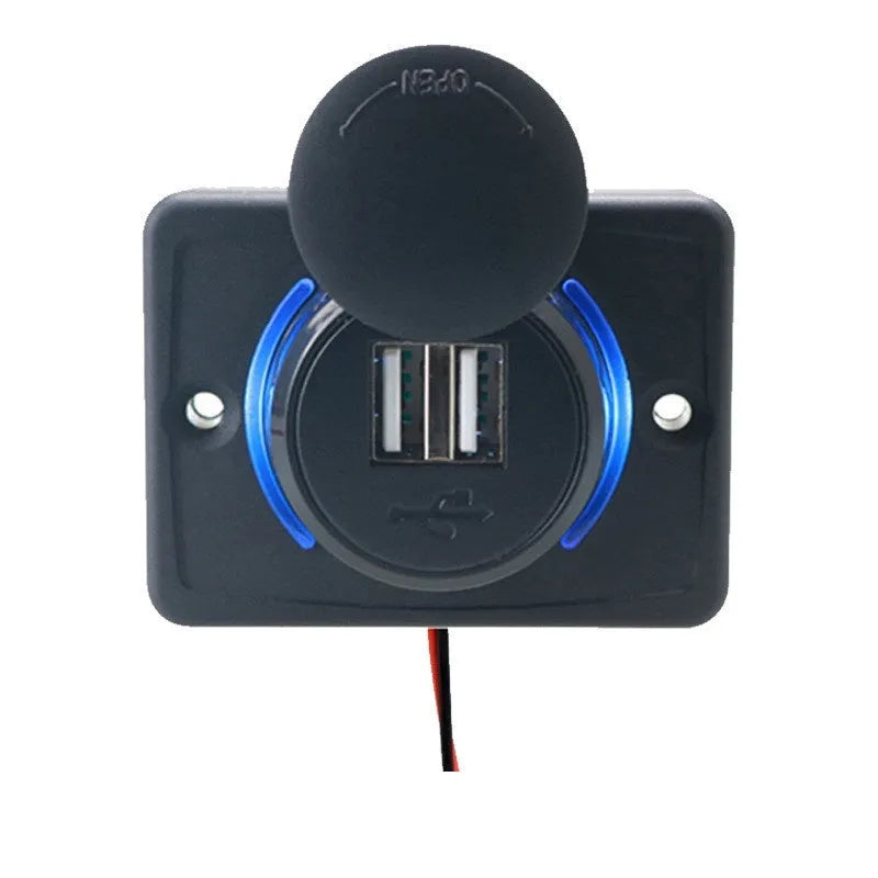 Black 12 volt car USB charger with dual ports for vehicle installation