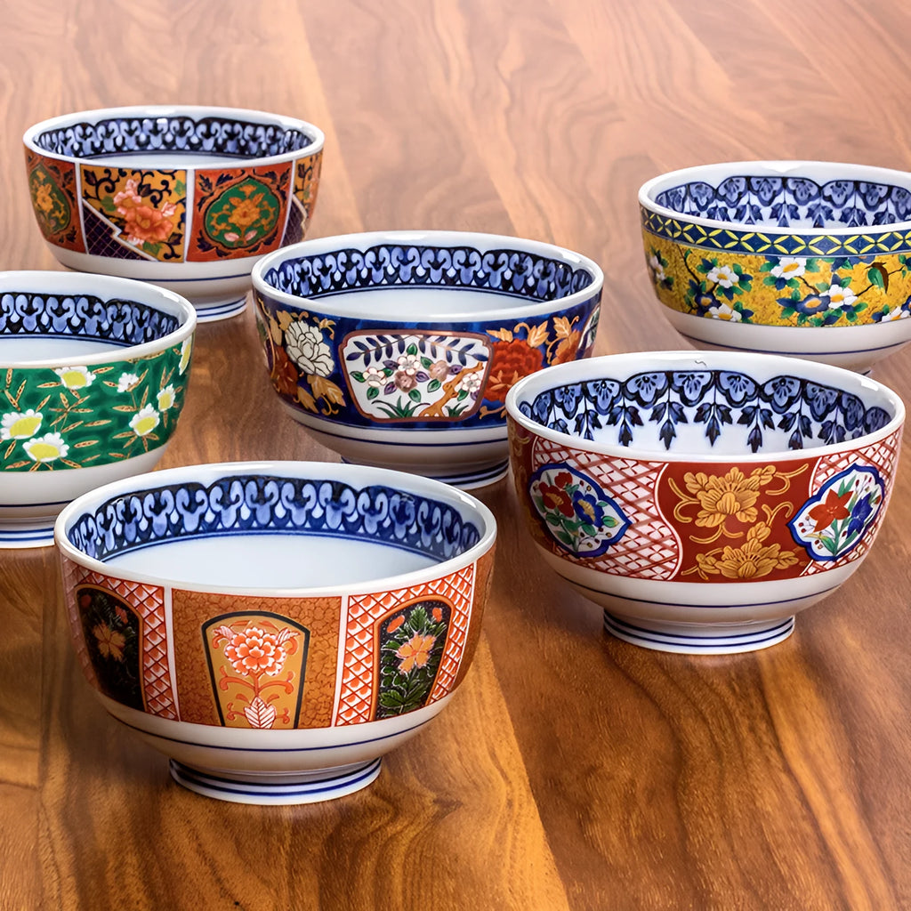 Japanese style ceramic 4-inch bowls with peony and floral patterns in retro gold, yellow and green colours