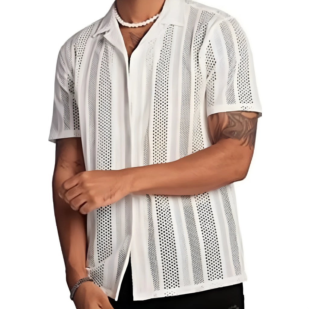 Men's black knitted short-sleeved button-up shirt with jacquard texture and cardigan style on a white background.