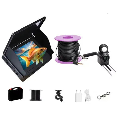 Fish finder unit with 4.3-inch IPS screen showing underwater HD camera feed with night vision lights.