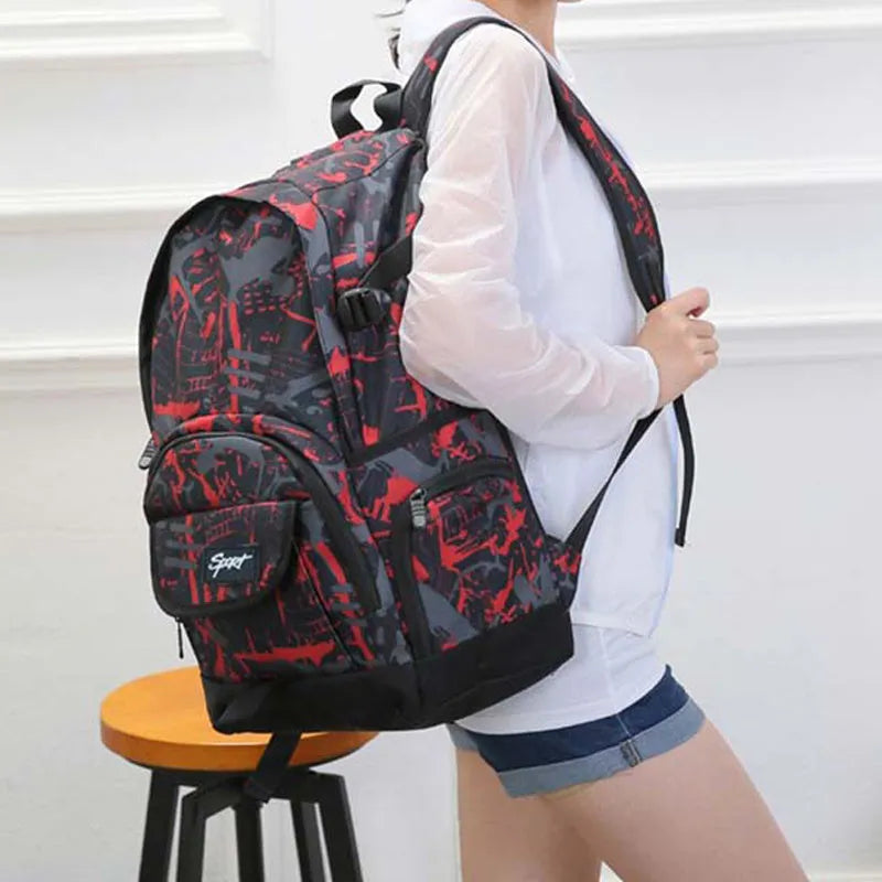 Blue or red classic nylon backpack showing large capacity design for school, travel, and outdoor use.