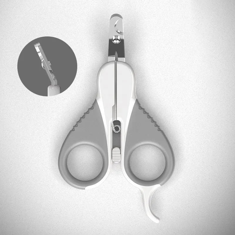 Cat nail clippers with angled stainless steel blade and safety lock in grey or pink