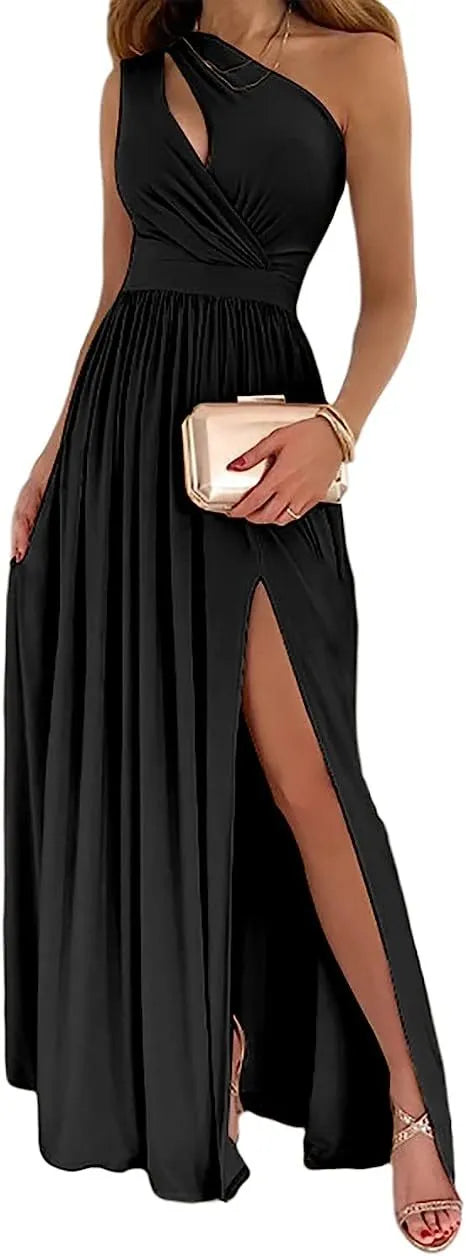 Apricot one shoulder maxi dress with high leg split and cutout detail on a mannequin.