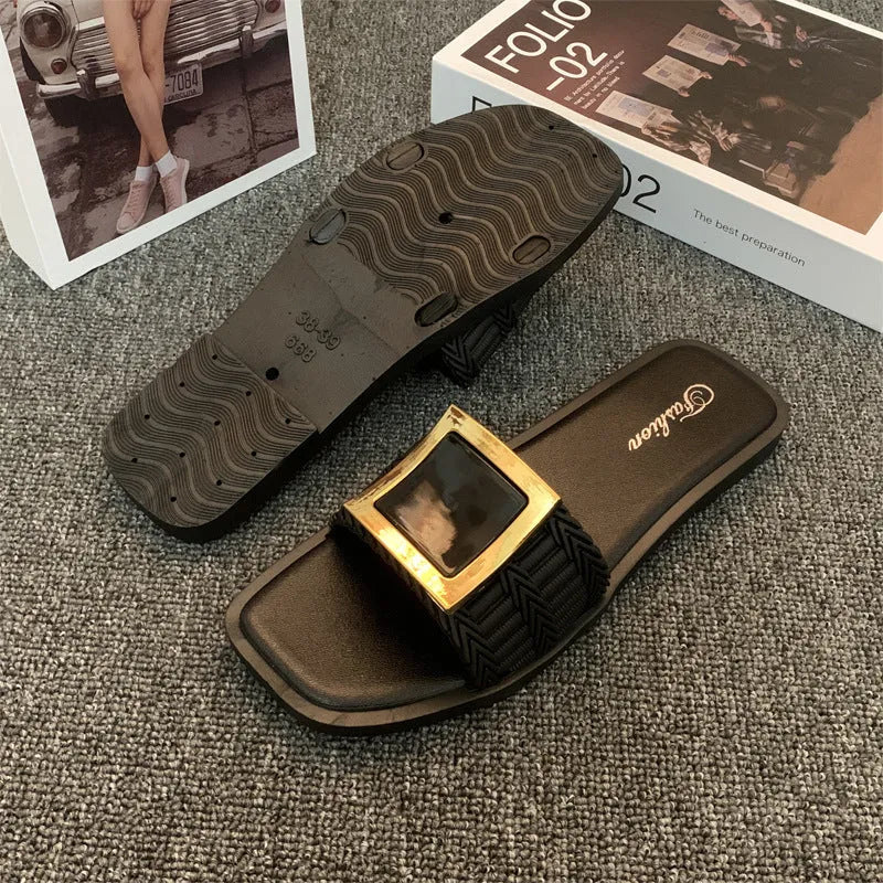 Women's casual summer flat slippers with PVC sole in apricot, black, and khaki colour options