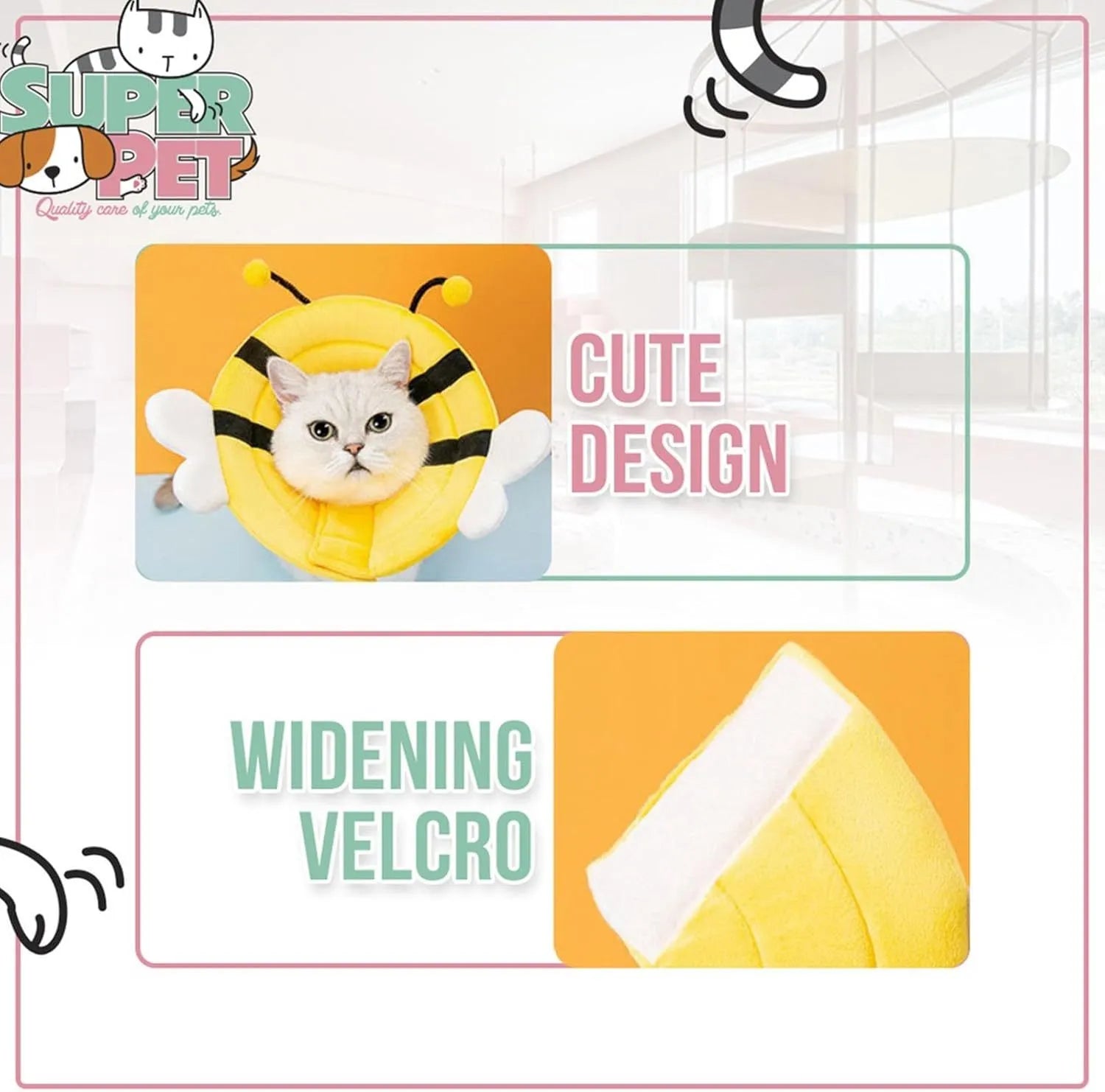 Soft cat cone collar with bee design and adjustable Velcro closure for pet recovery