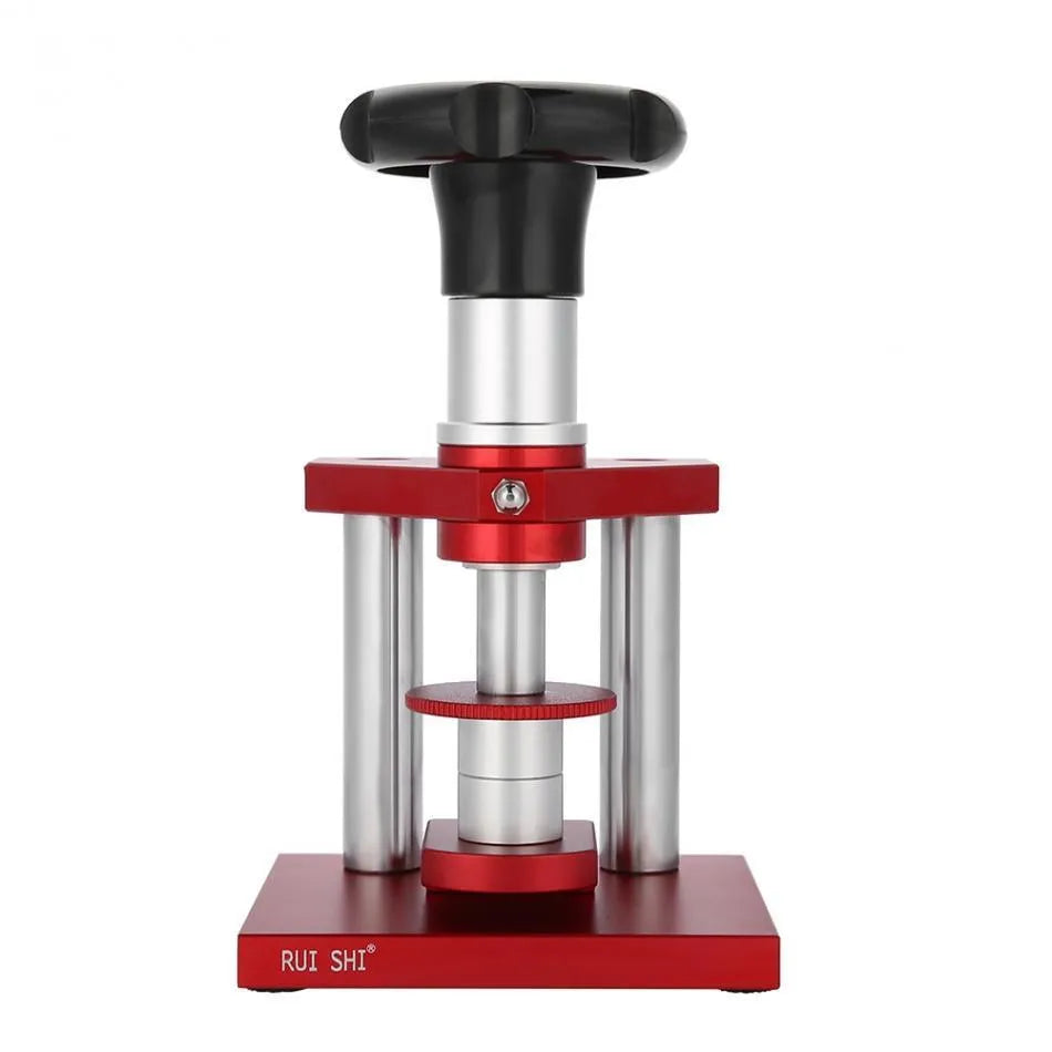 Watch repair spiral cap presser tool with twenty plastic moulds for different watch case sizes
