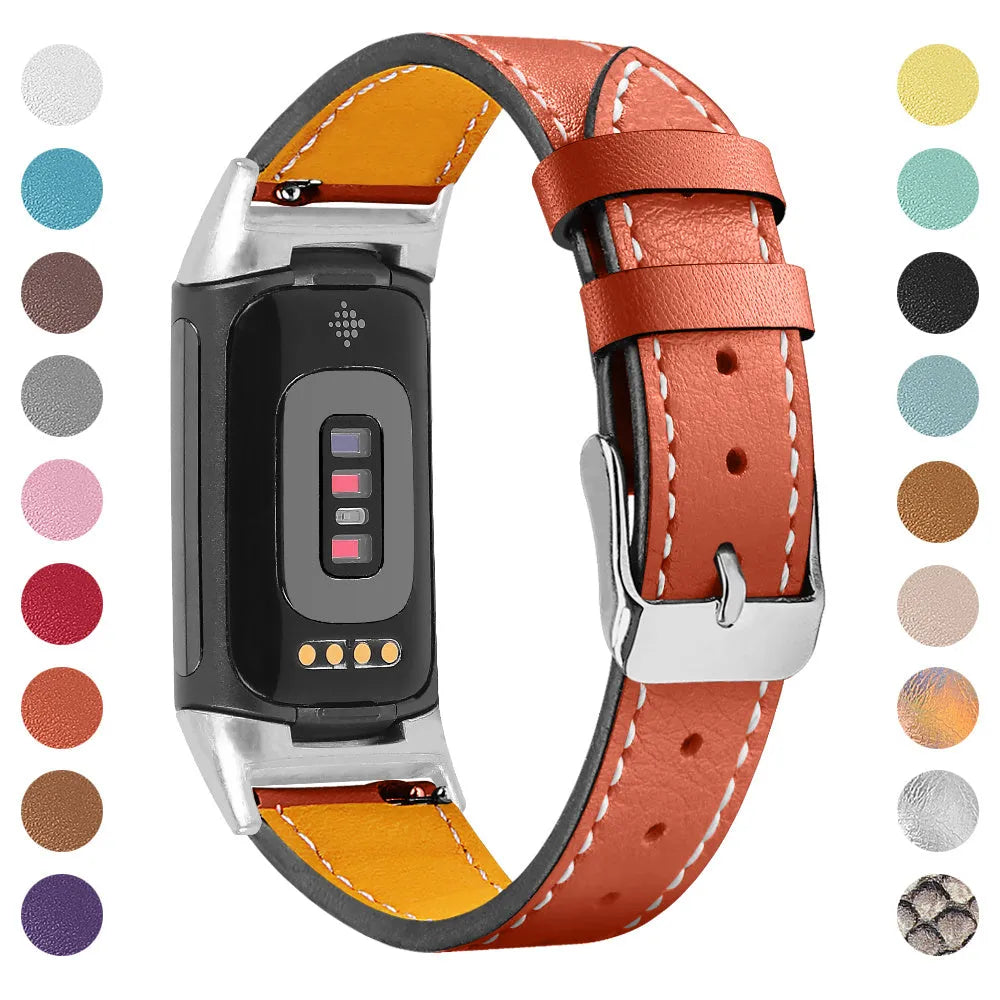 Genuine leather strap for Fitbit Charge 5 and Charge 6 smartwatch in multiple colour options.