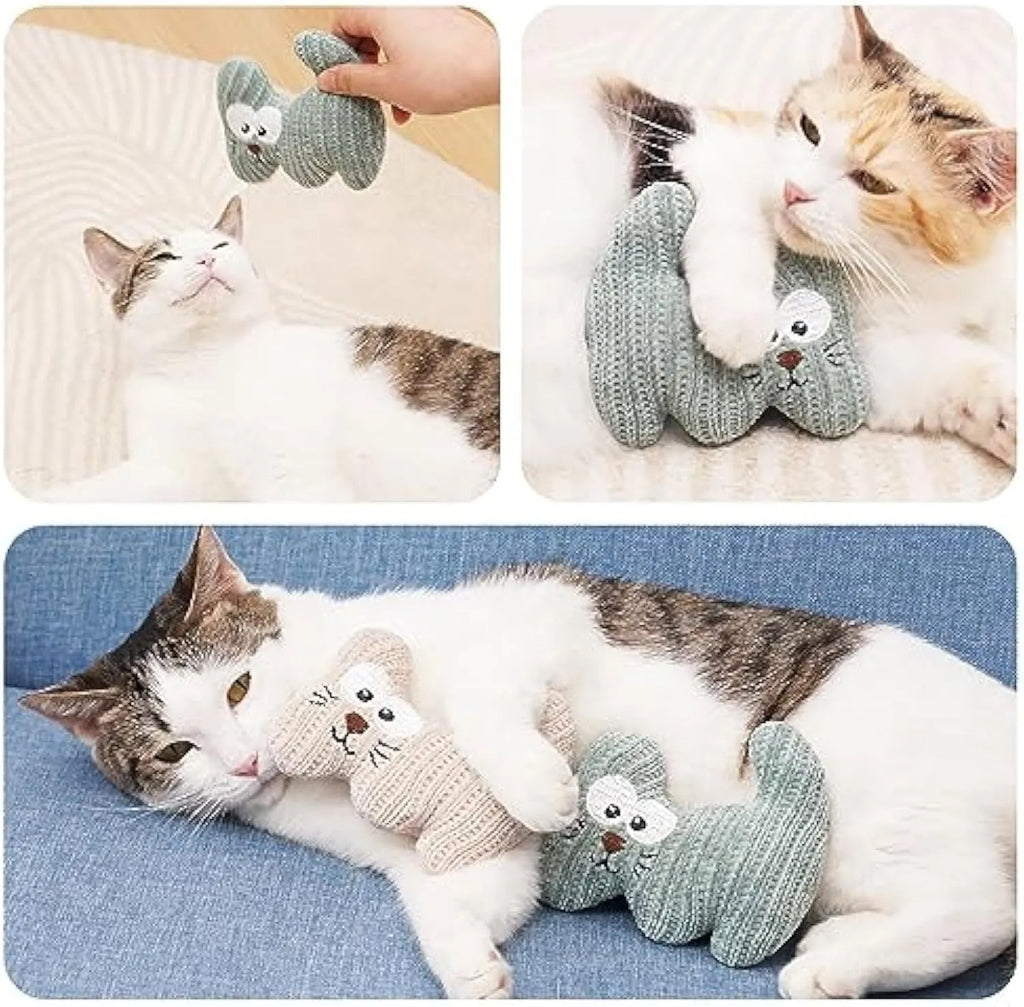 Cyan and light coffee plush catnip chew toy with bell for cats on a plain background