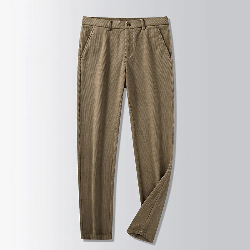 British retro striped straight leg trousers in chemical fibre blend fabric shown in khaki colour