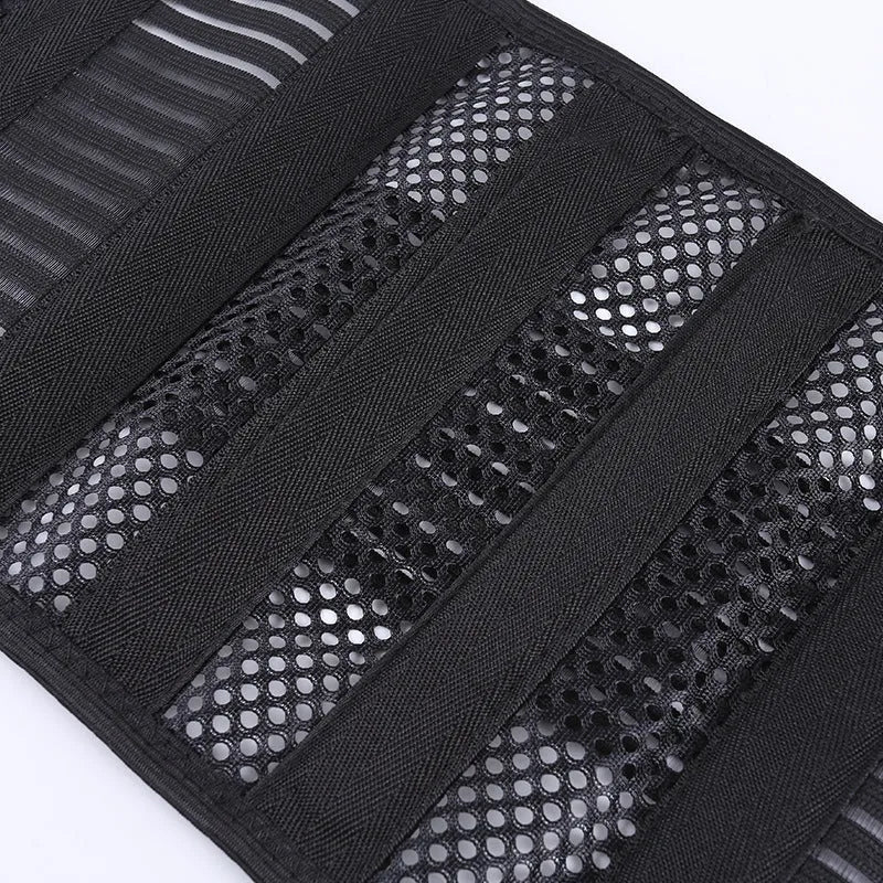 Black decompression sports waist support belt with steel plate insert shown on a model, sizes S to 2XL.