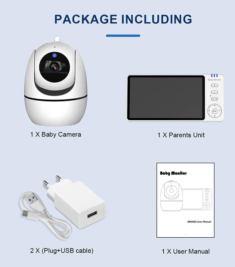 White wireless baby monitor with 5-inch screen showing baby room temperature display