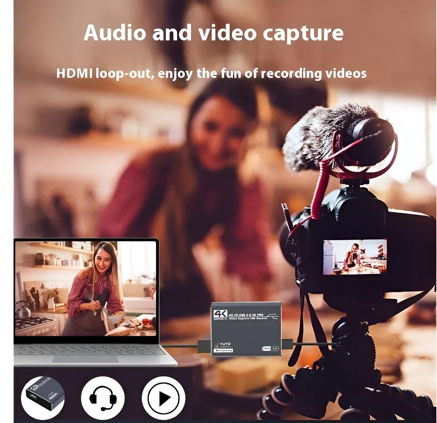 Black set-top box media player with 1080p output and audio recording functionality.