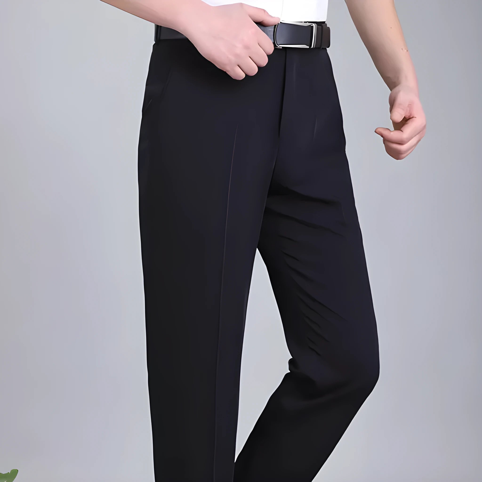 Men's straight-cut high-waist business trousers in a mulberry silk blend fabric.