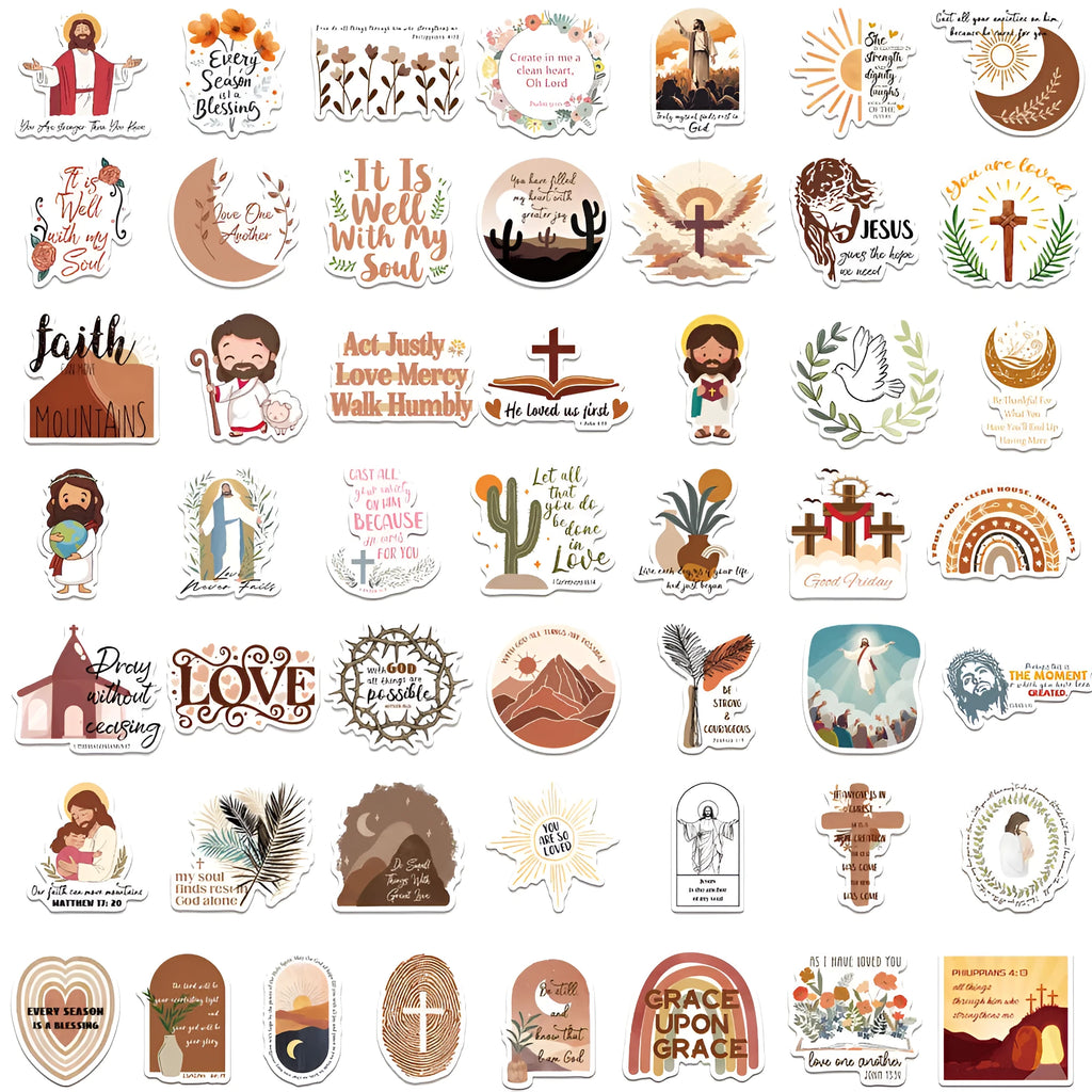 Assortment of colourful printed graffiti vinyl stickers from a 50-piece decorative pack.