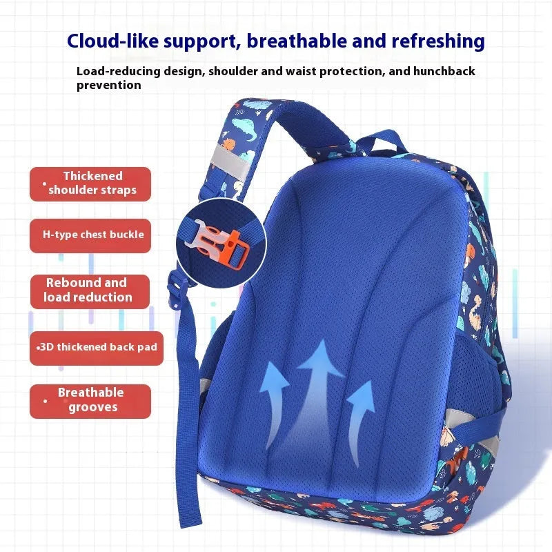 Blue children's waterproof school backpack with dinosaur print and curved shoulder straps