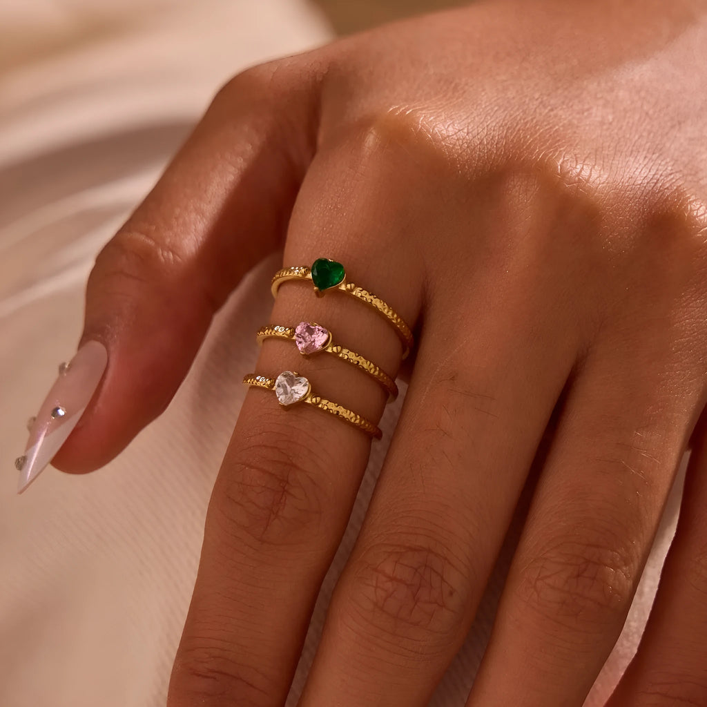 Open ended stainless steel ring with heart shaped zircon inlay in geometric design