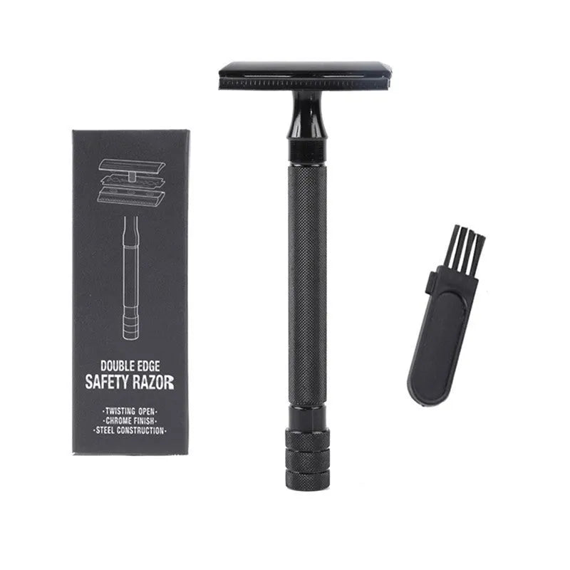 Old-fashioned manual pogonotomy scraping metal shaver with brush in black or silver