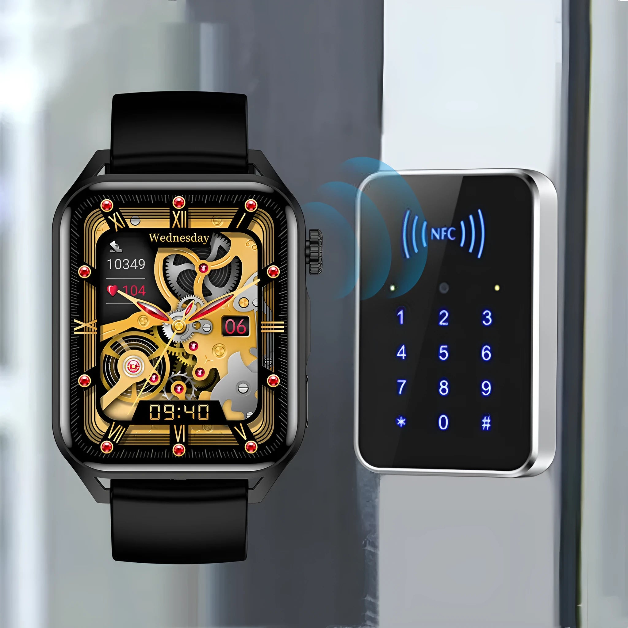 A pink smart watch with a 1.8-inch AMOLED screen on a silicone wrist strap, showing a multi-dial display.