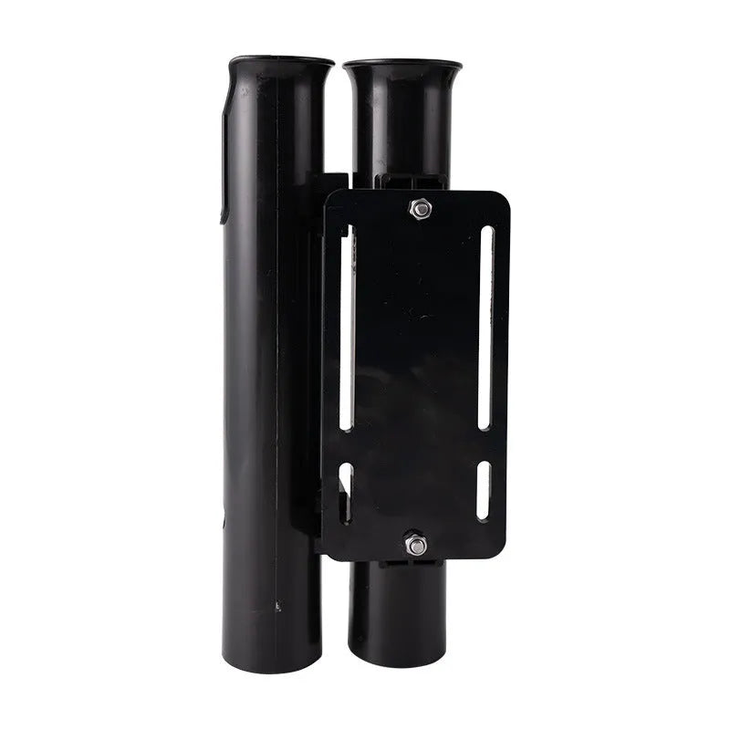 Black double-layer plastic fishing rod rack with carbon fibre frame and metal pipe clamp for bicycle handlebars
