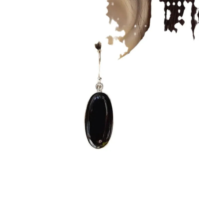 Women's oval black agate pendant earrings with electroplated 925 silver finish in geometric Chinese style