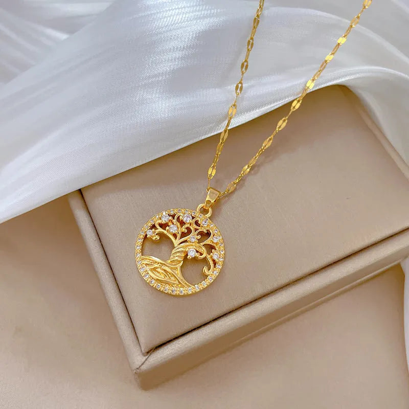 Gold-plated lucky tree cross necklace with mother pearl pendant and rhinestone zircon stones on adjustable chain
