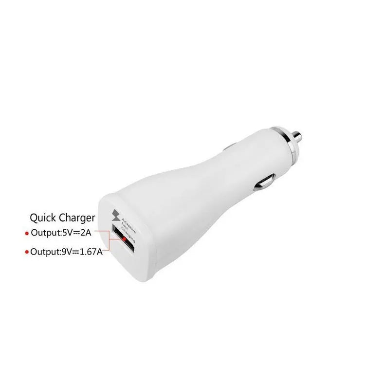 White single-port QC30 fast USB car charger for smartphones with compact design