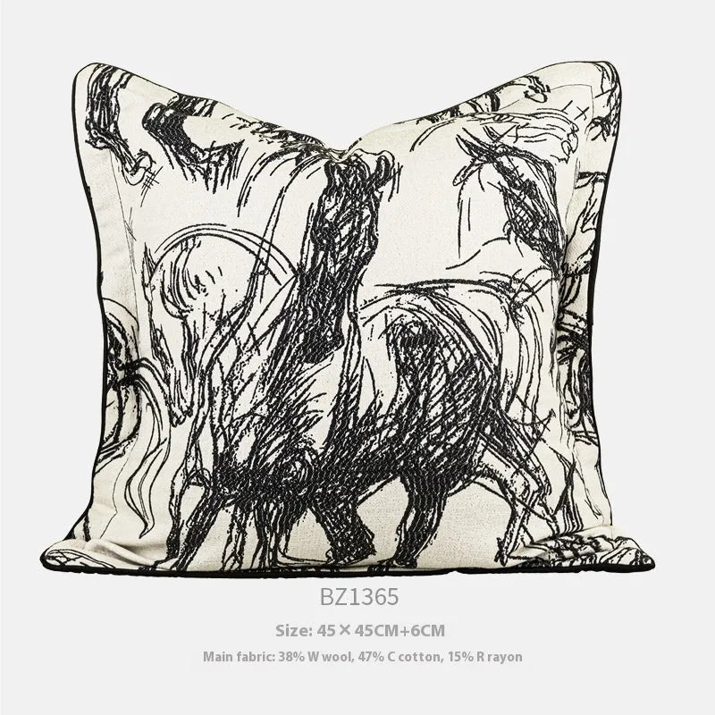Modern abstract golden horse jacquard cushion in square and waist pillow sizes
