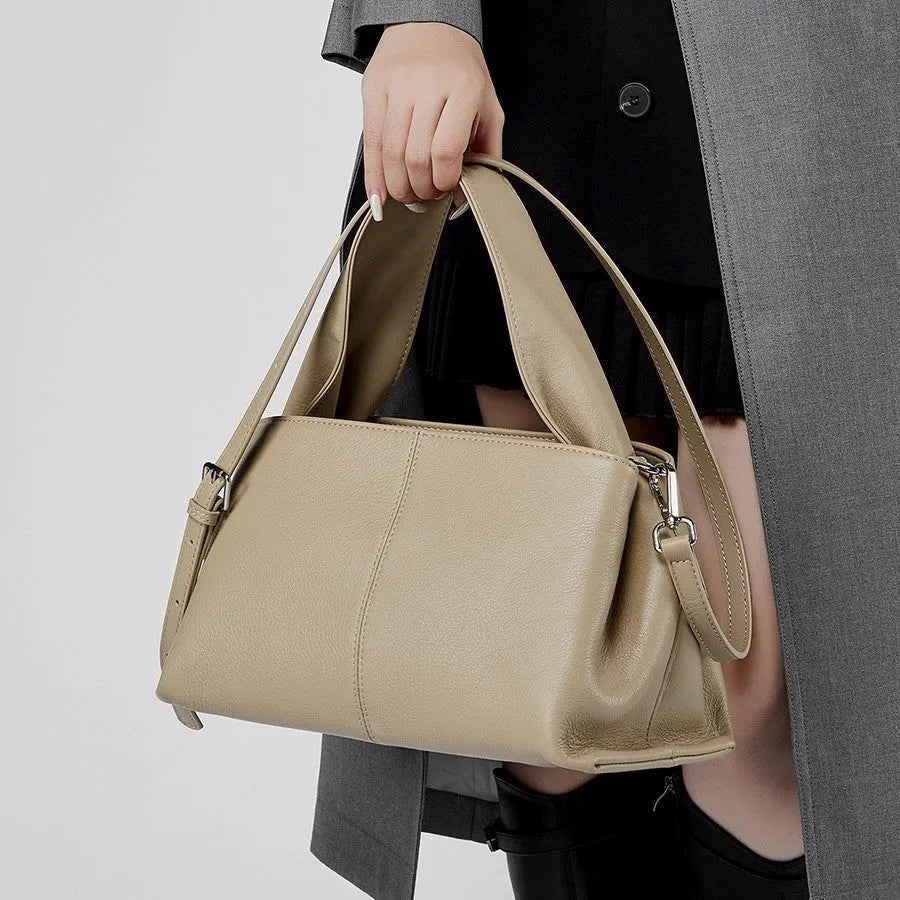 Women's genuine leather messenger bag in retro cowhide with horizontal square shape and double shoulder straps