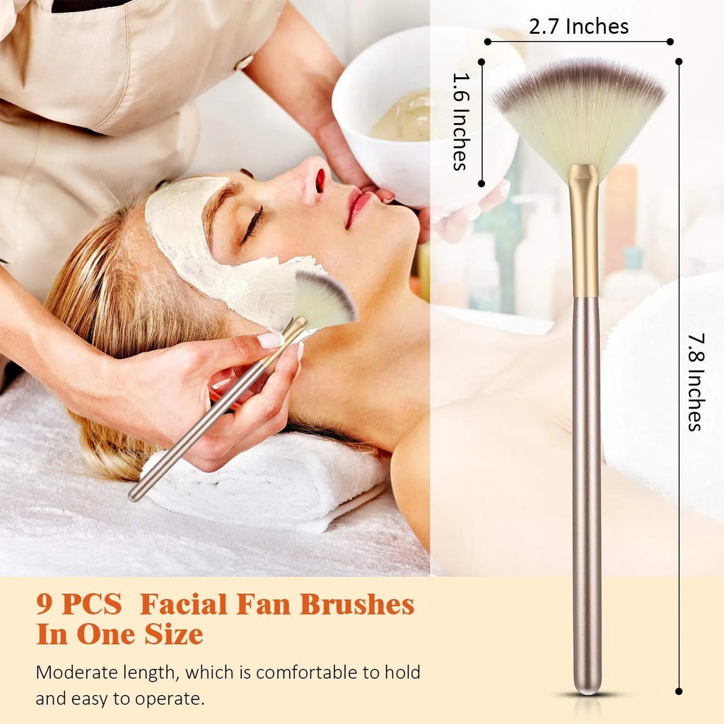 10 professional facial fan brushes with champagne finish handles and protective covers for makeup and treatment application
