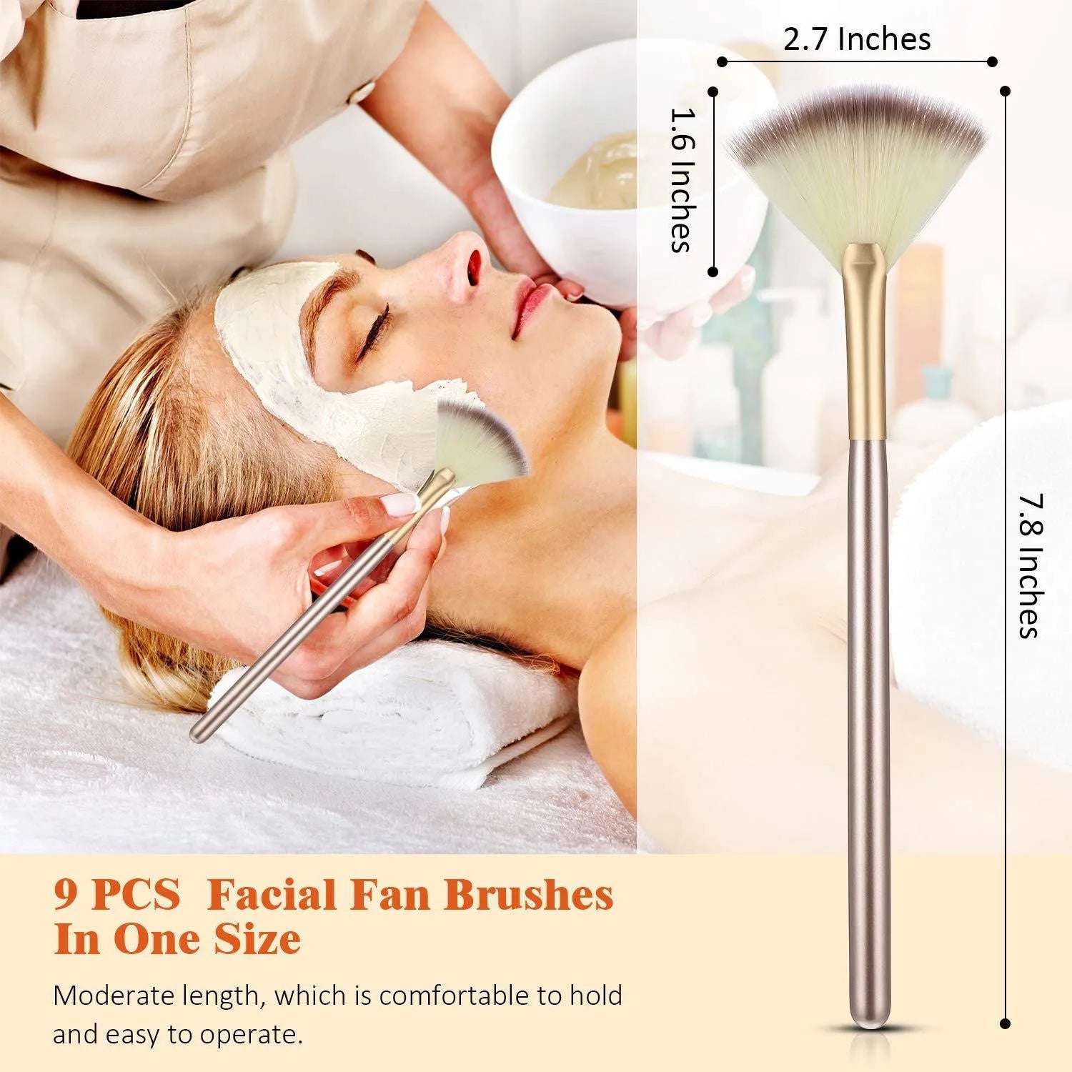 10 professional facial fan brushes with champagne finish handles and protective covers for makeup and treatment application