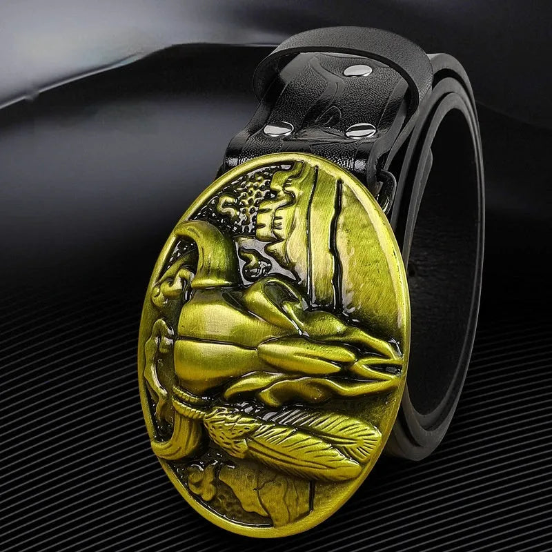 Men's black imitation leather belt with detailed cow head alloy buckle and pin closure