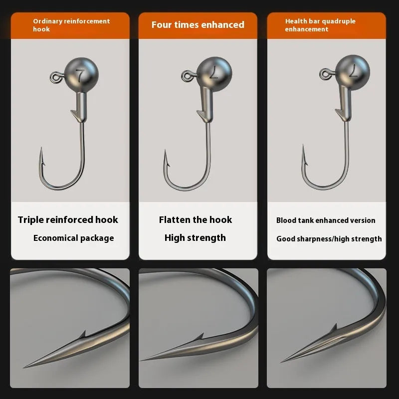 50-piece enhanced strength fishing jig hooks with lead-headed design in primary colours