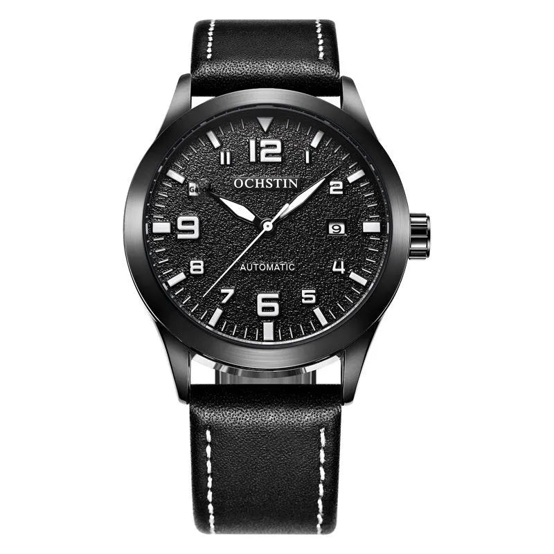 Men's automatic mechanical watch with leather strap in business style showing four colour variations