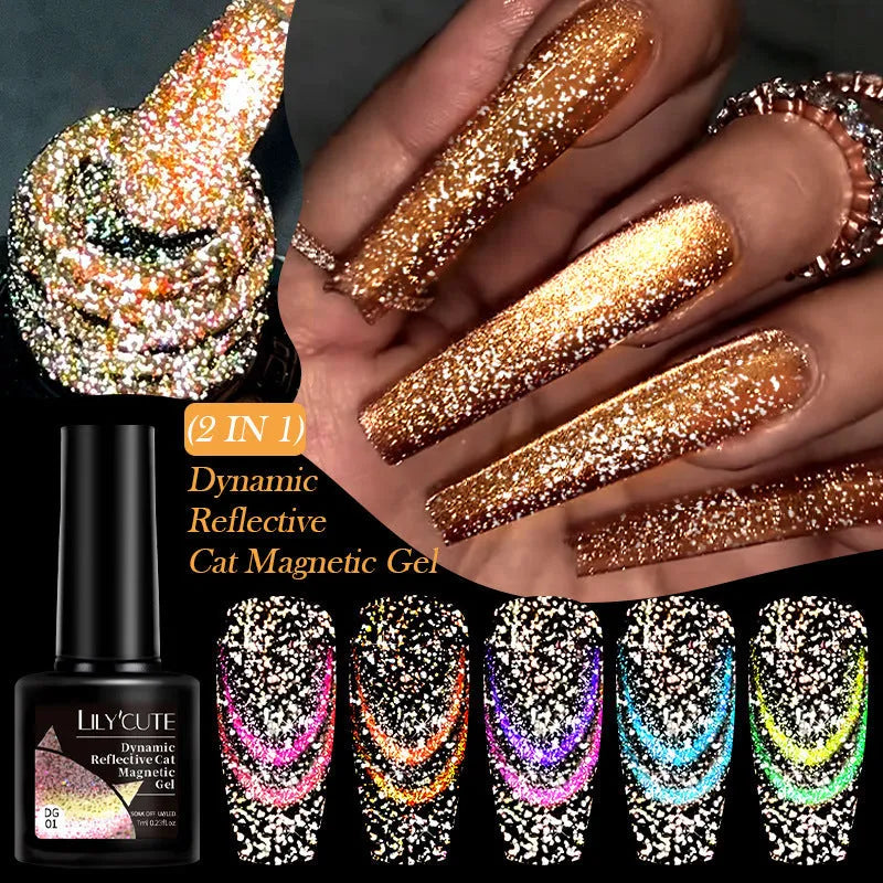 Diamond In The Debris Cat Eye Series UV nail polish gel bottles in six colours with glitter and fragments.